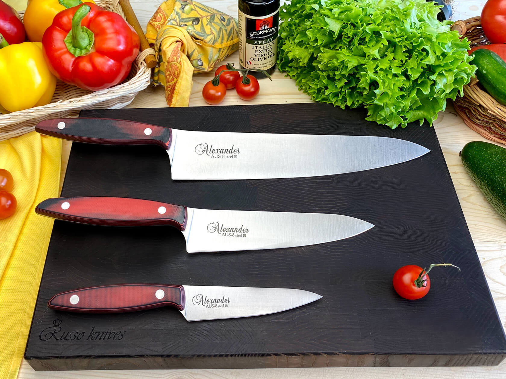 Набор из 3-х кухонных ножей Alexander AUS-8 Satin, Kizlyar Supreme