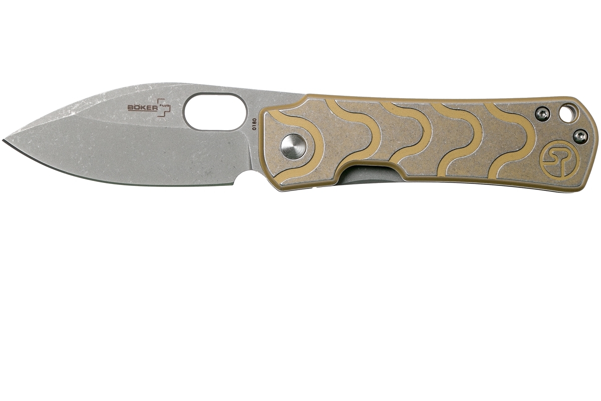 Нож складной Boker Plus Serge Panchenko Design Gust, сталь D2 Stonewash Plain, рукоять нержавеющая сталь, золотой цвет, 01BO082 - фото 7