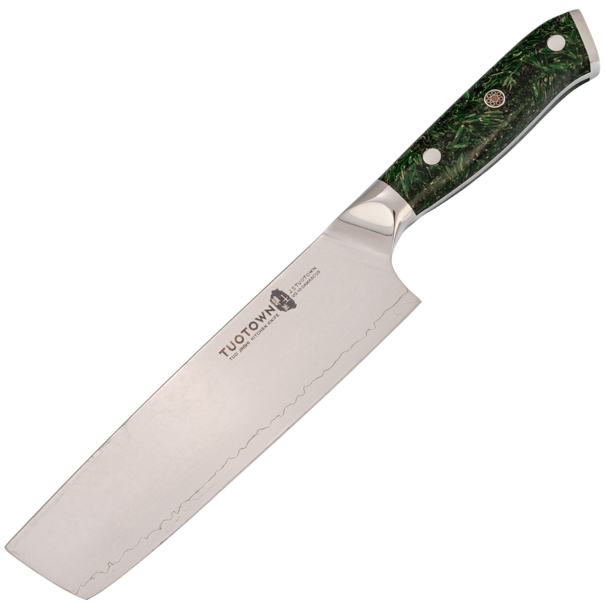 Кухонный нож Накири Tuotown, сталь VG10, обкладка Damascus, рукоять акрил, зеленый