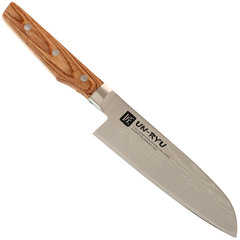 Фото Кухонный нож Shimomura Сантоку 160 мм, сталь VG-10 в обкладах из дамаска, рукоять Pakka wood