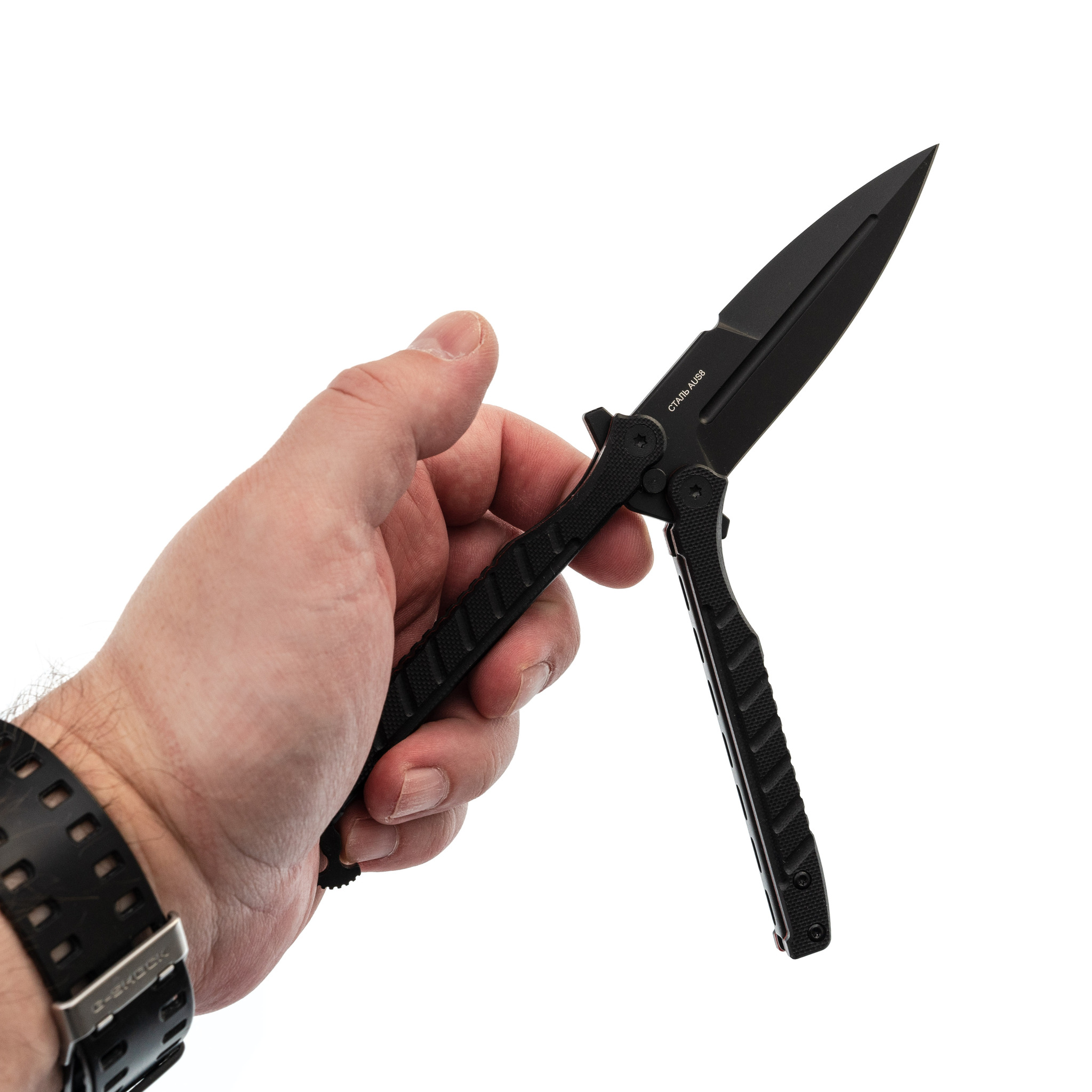Нож-бабочка (балисонг) Ромул Black, сталь AUS-8, рукоять G10 - фото 6