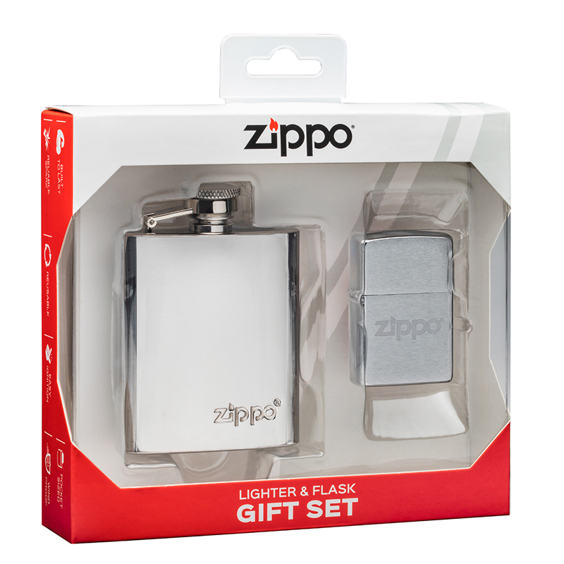 Подарочный набор ZIPPO: фляжка 89 мл и зажигалка, латунь/сталь, серебристый, в коробке с подвесом - фото 2