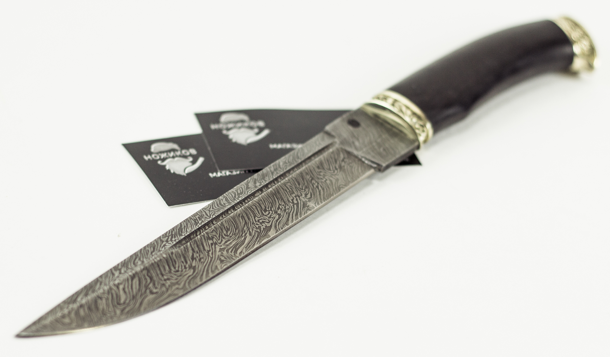 фото Нож пластунский, дамасская сталь, рукоять латунь атака