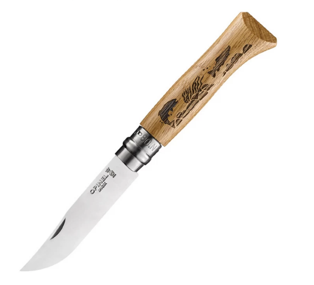 Складной нож Opinel №8, нержавеющая сталь, рукоять дуб, гравировка рыба, 002334 - фото 1