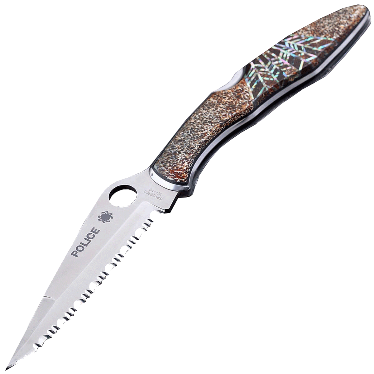 Коллекционный складной нож Santa Fe Spyderco Police Serrated, сталь VG-10, рукоять сталь с накладкой из тигрового коралла/абалона - фото 1