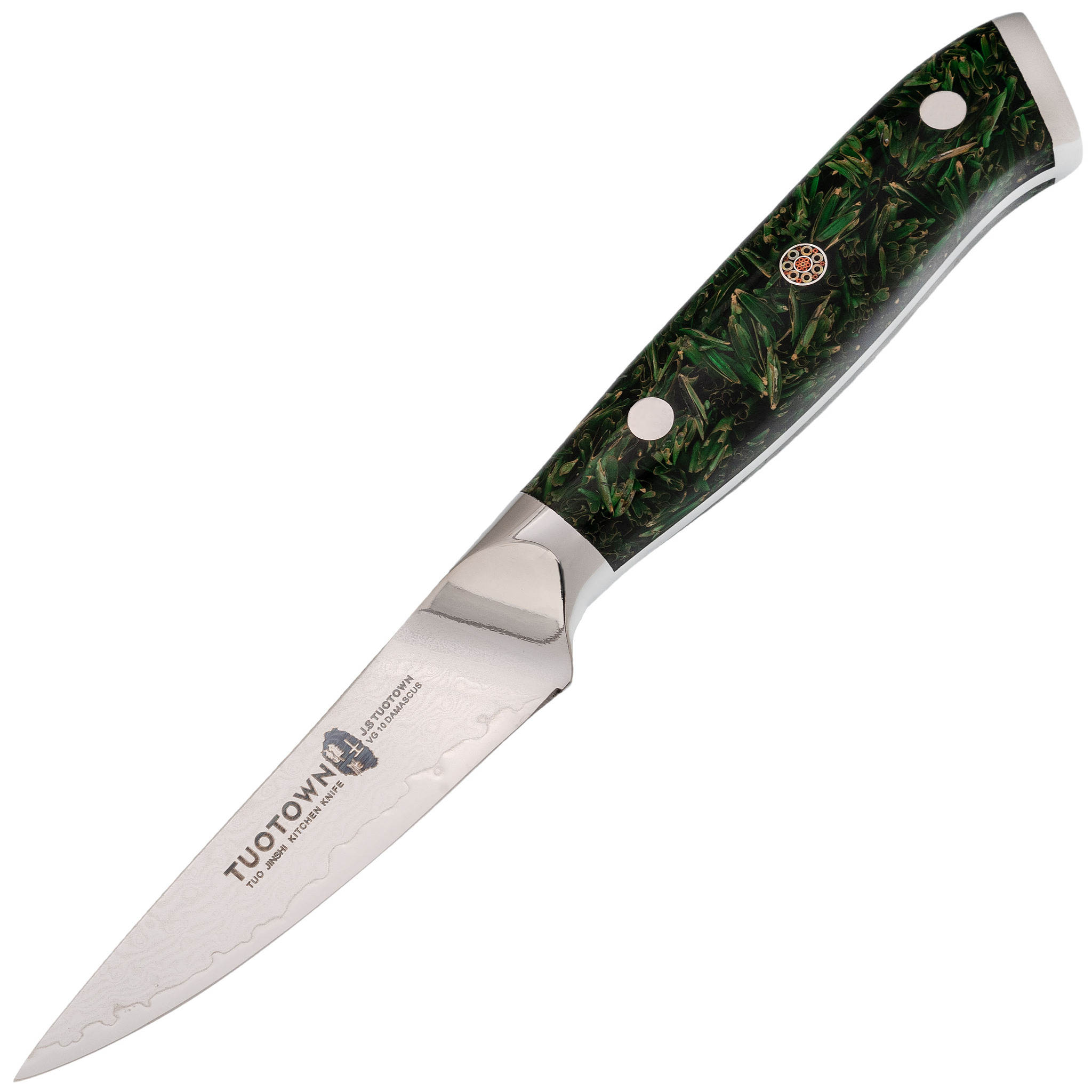 Кухонный нож Tuotown, сталь VG10, обкладка Damascus, рукоять акрил, зеленый
