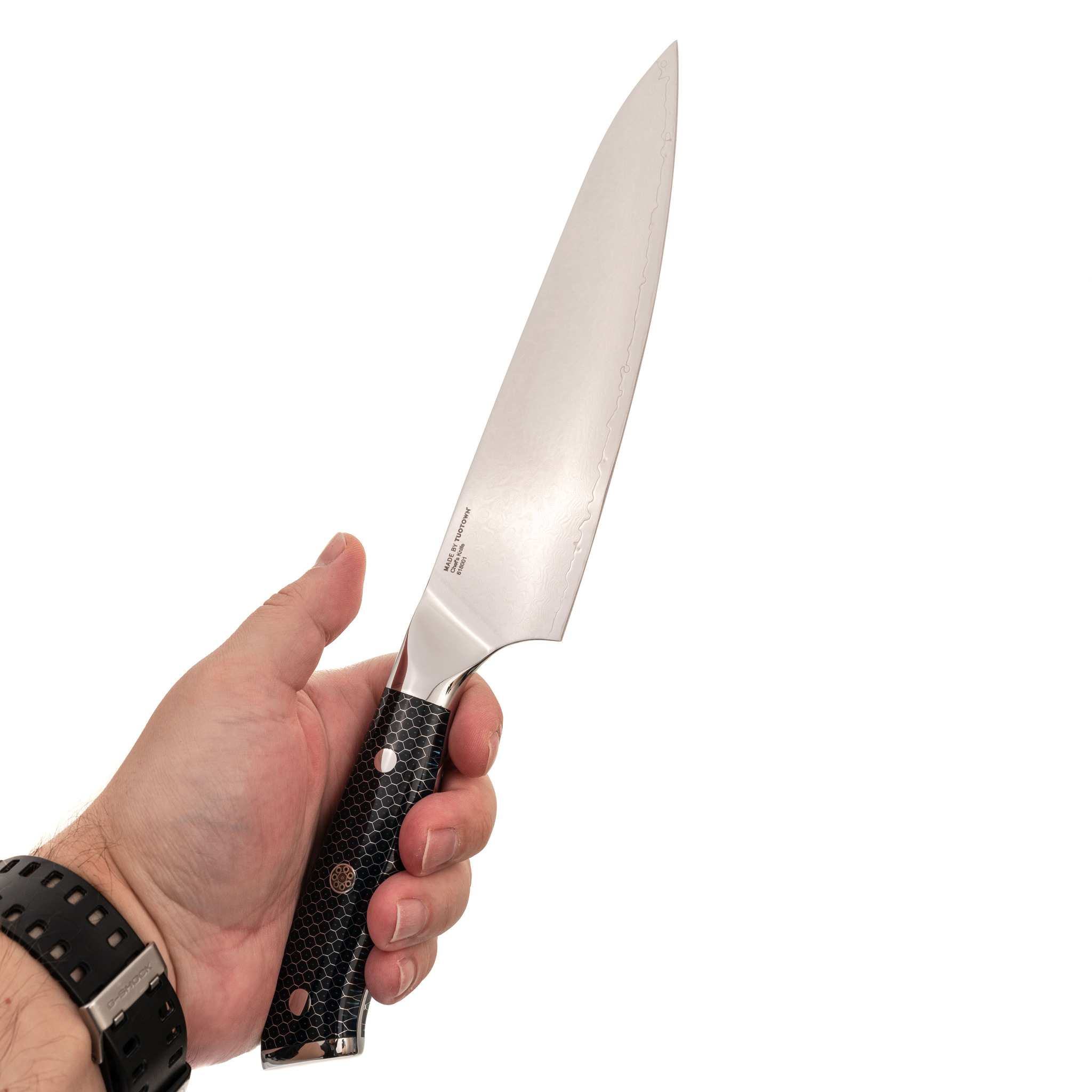 Кухонный нож Шеф Tuotown, сталь VG10, обкладка Damascus, рукоять акрил, синий - фото 4
