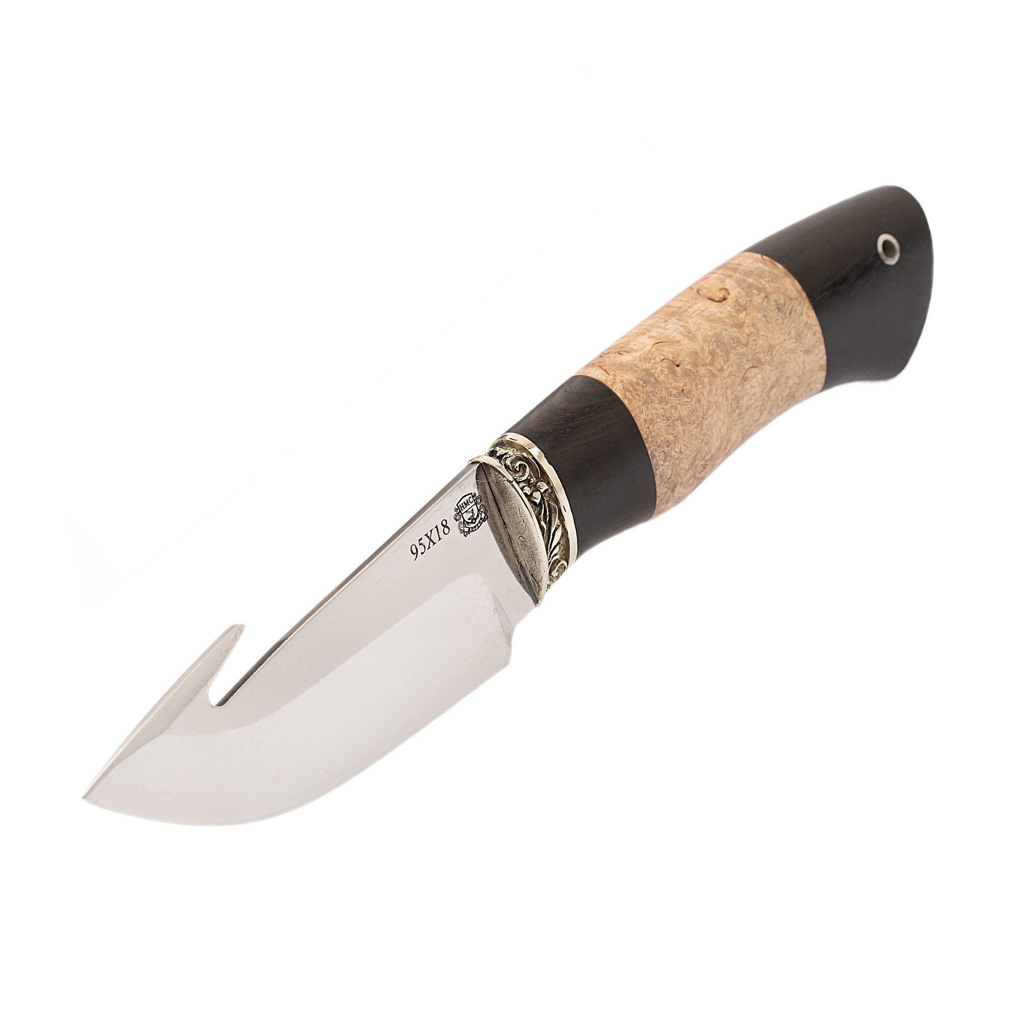 фото Нож шкуросъемный с крюком, сталь 95х18, карельская береза мастерская сковородихина
