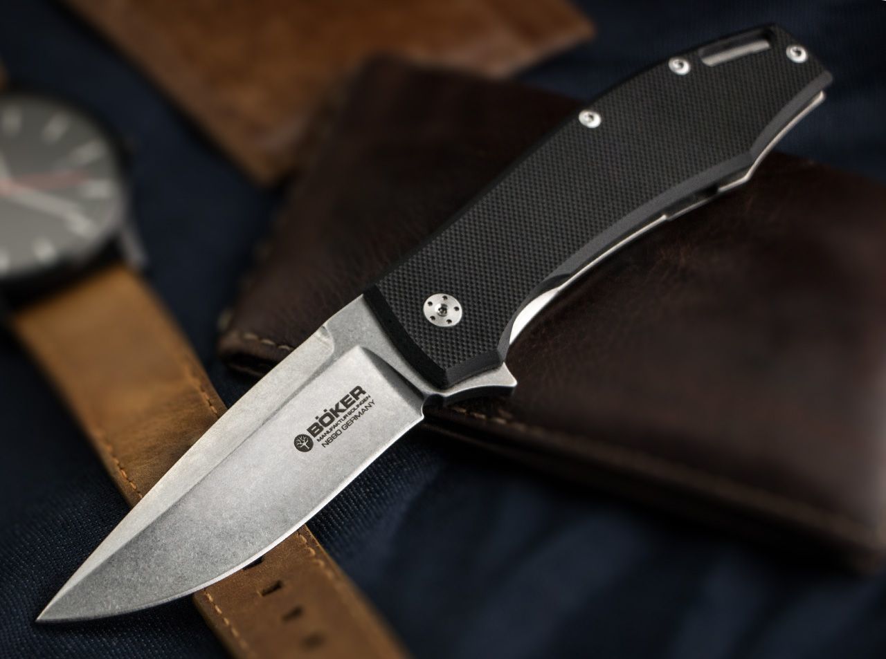 фото Нож складной kmp22 - boker 110658, сталь bhler n690 stonewashed plain, рукоять стеклотекстолит g10/нержавеющая сталь, черный