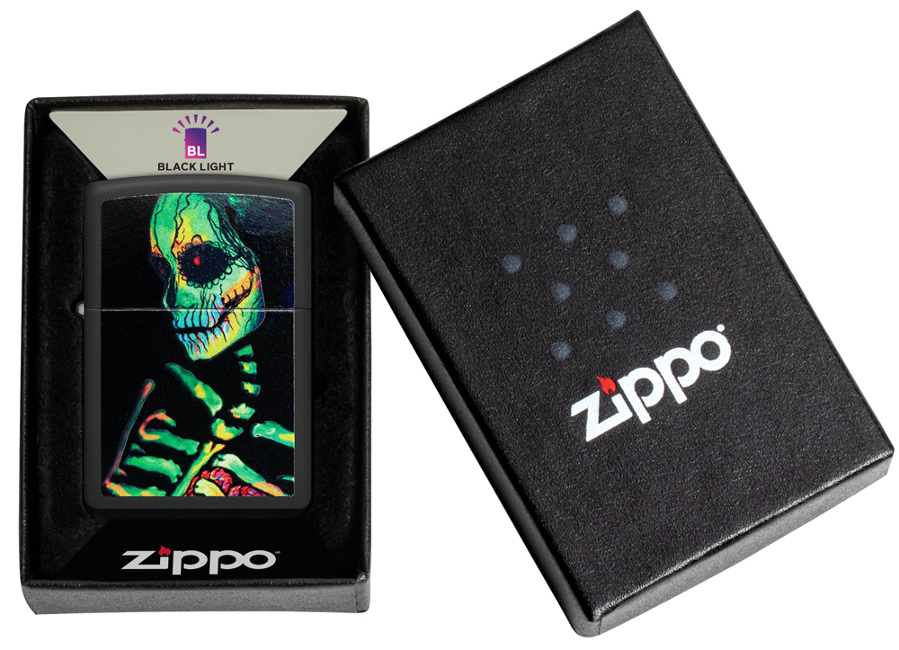 фото Зажигалка zippo skeleton design с покрытием black light, латунь/сталь, черная, матовая