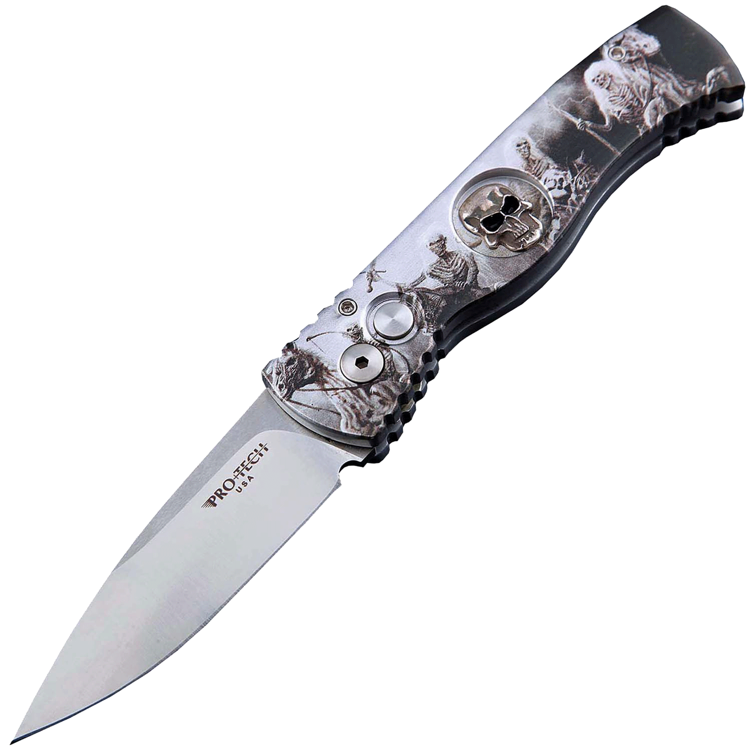 Автоматический складной нож Pro-Tech TR-2.4H1. Bruce Show Skull, клинок Stonewash, сталь 154CM, рукоять алюминий, рисунок скелеты пиратов - фото 1