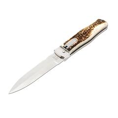 Фото Автоматический нож Mikov Predator, сталь RWL-34, рукоять рог оленя, кожаный чехол