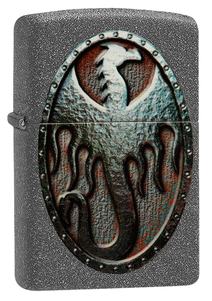 Зажигалка ZIPPO Metal Dragon Shield Design с покрытием Iron Stone™, латунь/сталь, серая, матовая, 36x12x56 мм