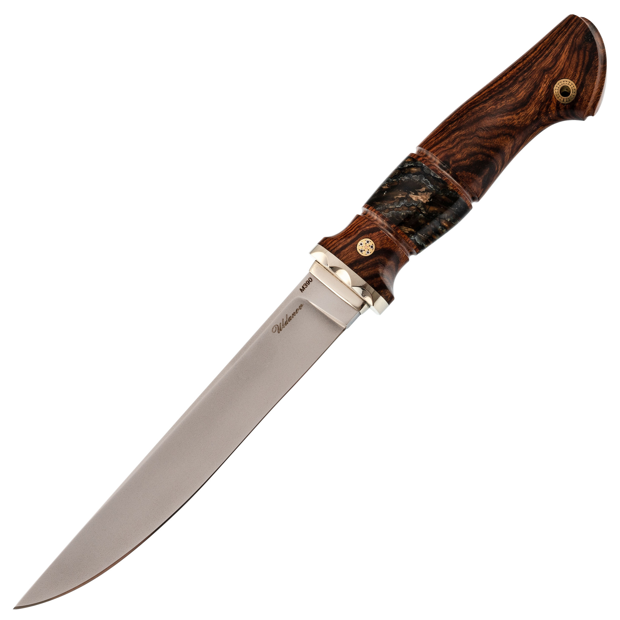 Авторский нож Легионер, подарочный, сталь M390, рукоять айронвуд, вставка бивень мамонта