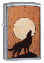 Фото Зажигалка ZIPPO WOODCHUCK USA Howling Wolf с покрытием Street Chrome™, латунь/сталь/дерево, серебристая, 36x12x56 мм