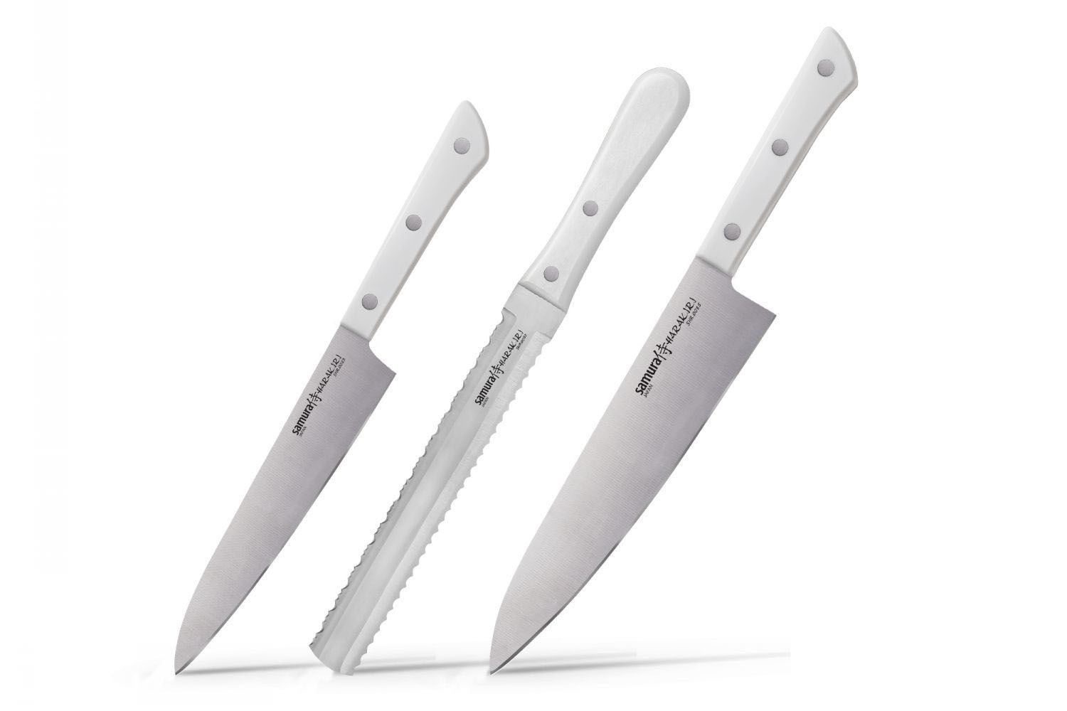 Набор из 3-х кухонных ножей (универсальный, для замороженных продуктов, шеф) Samura  Harakiri  (SHR-0230W) White, сталь AUS-8, рукоять ABS-пластик