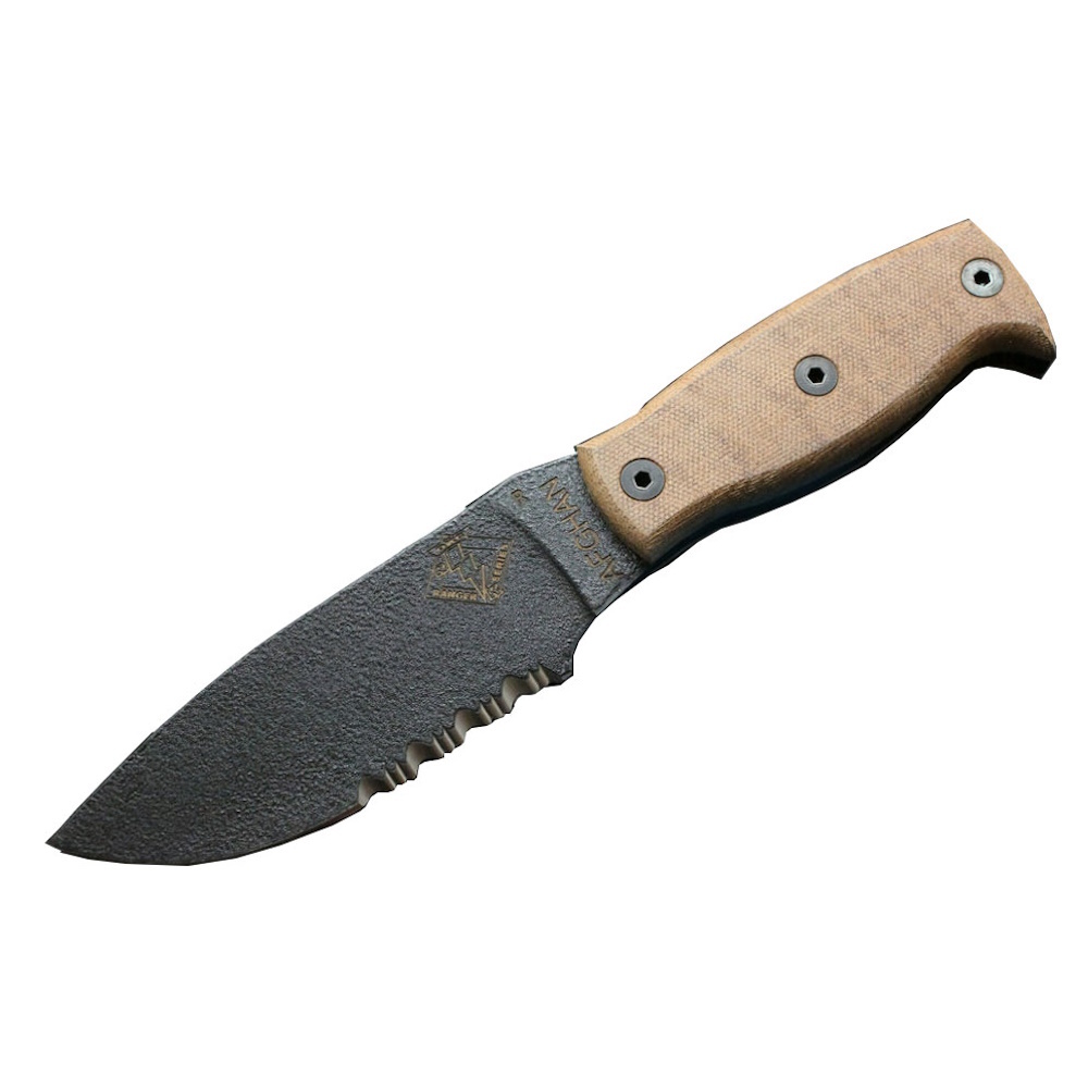 Нож с фиксированным клинком серрейторный Ontario Afhgan, сталь 5160, рукоять микарта, tan/black