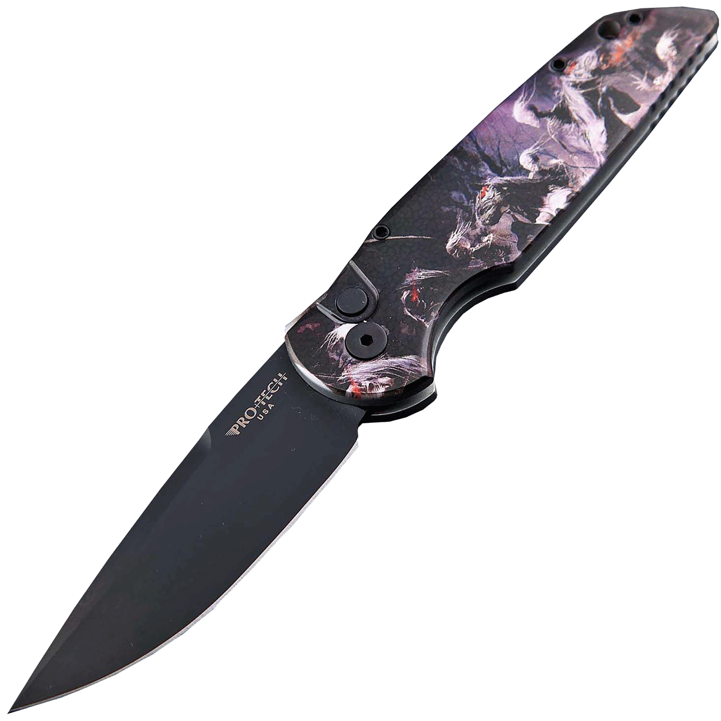 фото Автоматический складной нож pro-tech tr-3 limited, клинок черный, сталь 154cm, рукоять алюминий, рисунок скелеты всадников