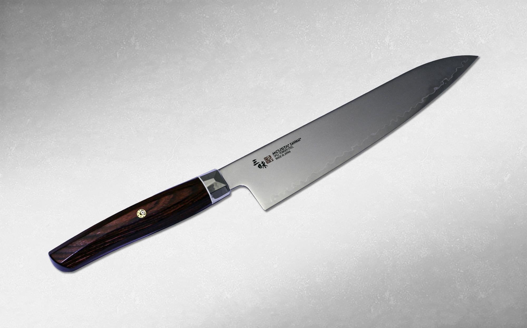 Нож кухонный Шеф Mcusta Zanmai Revolution 210 мм, Takamura, ZPR-1205G, сталь SPG2, стабилизированная древисина, коричневый