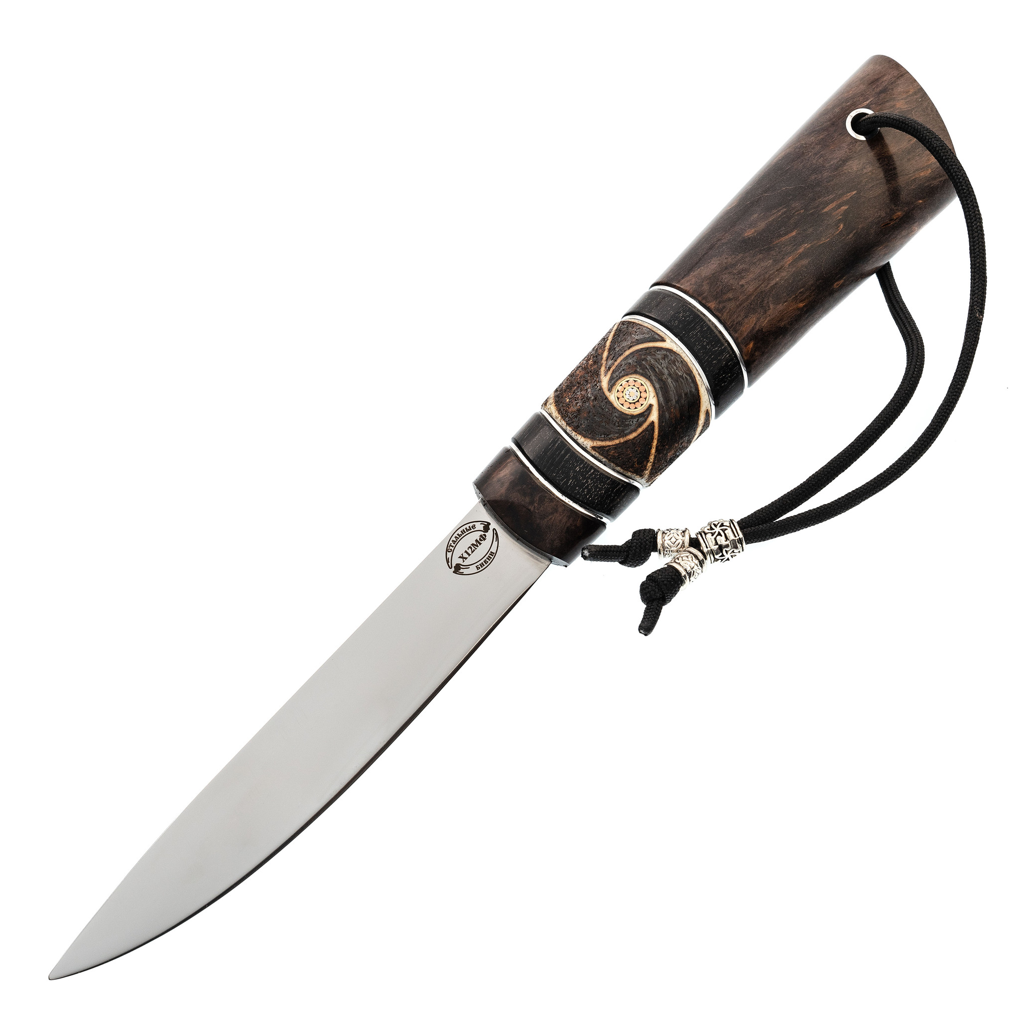 фото Нож якутский средний, сталь х12мф, стабилизированная карельская береза, вставка рог лося стальные бивни