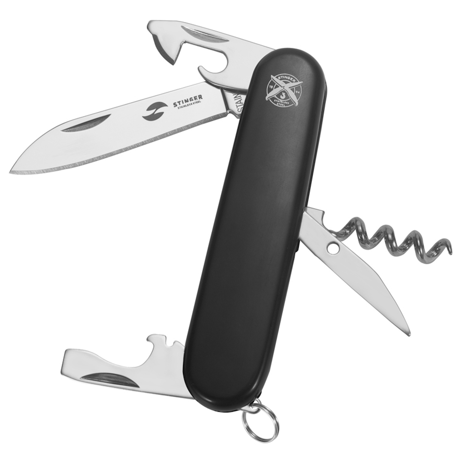 

Нож перочинный Stinger 90 мм, 10 функций, черный