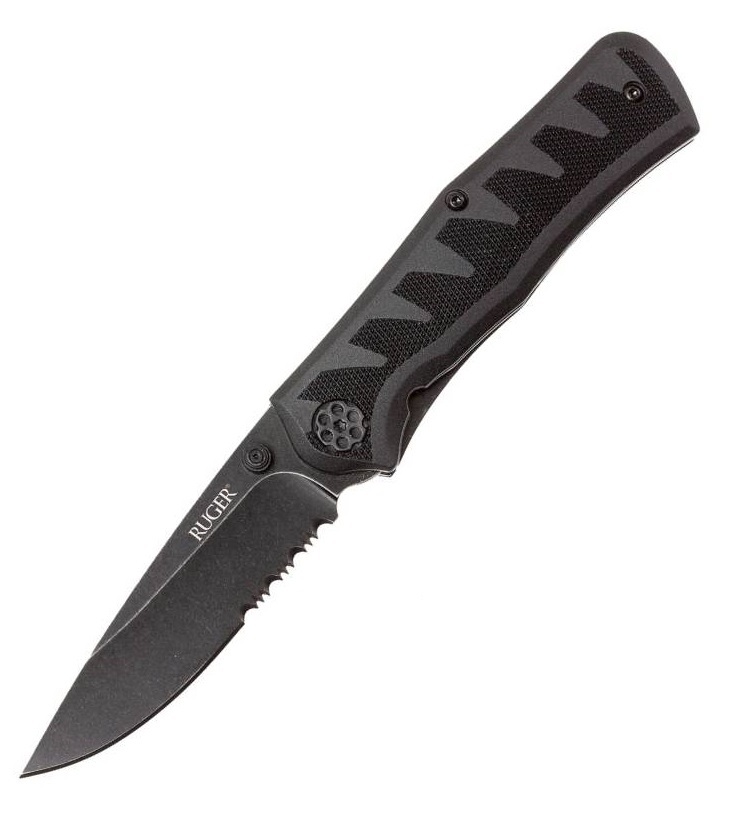 Полуавтоматический складной нож Ruger® Knives Crack-Shot™ Compact, Ken Steigerwalt Design, лезвие Blackwashed Combo 8Cr13MOV, рукоять термопластик/резина - фото 1
