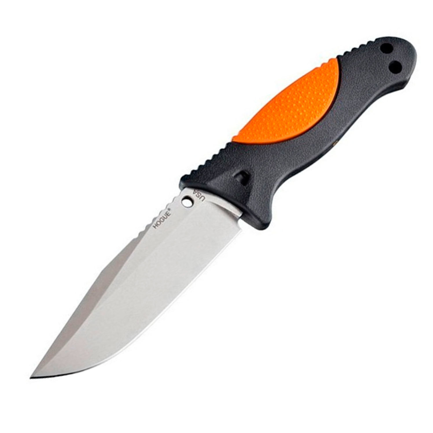 Нож с фиксированным клинком Hogue EX-F02 Stone-Tumbled Clip Point, сталь A2 Tool Steel, рукоять термопластик GRN, чёрно-оранжевый