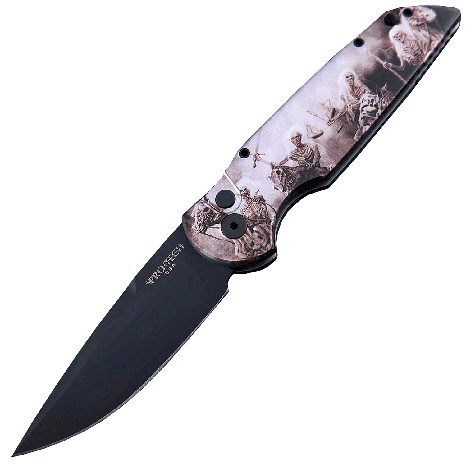 Автоматический складной нож Pro-Tech TR-3 Limited, клинок черный, сталь 154CM, рукоять алюминий, рисунок скелеты пиратов