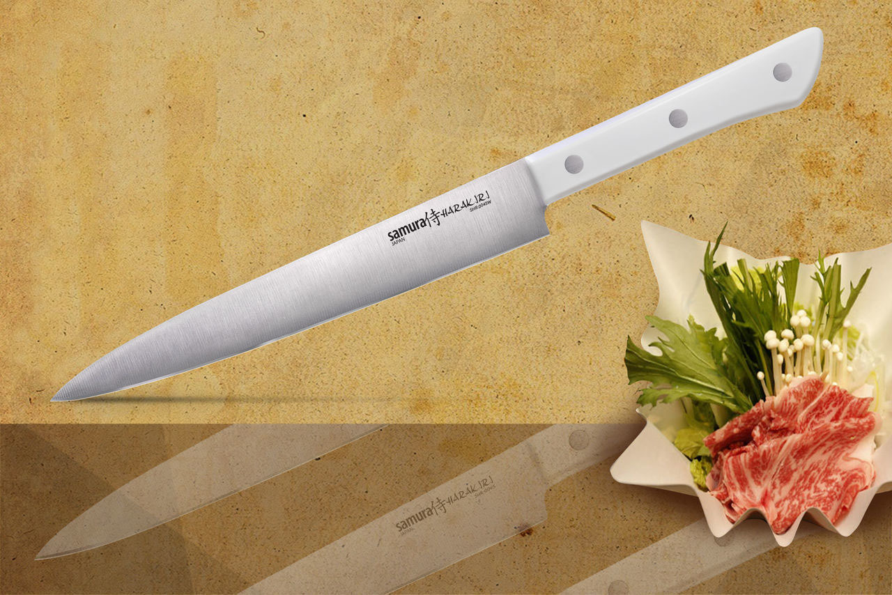нож кухонный универсальный samura harakiri shr 0023w 150 мм сталь aus 8 рукоять abs пластик белый Нож кухонный для тонкой нарезки Samura 