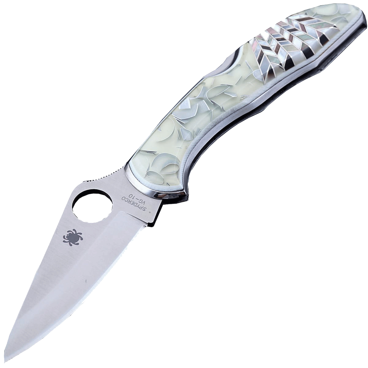 Складной нож Santa Fe Spyderco Delica, сталь VG-10, рукоять сталь с накладкой из зуба акрила/перламутра