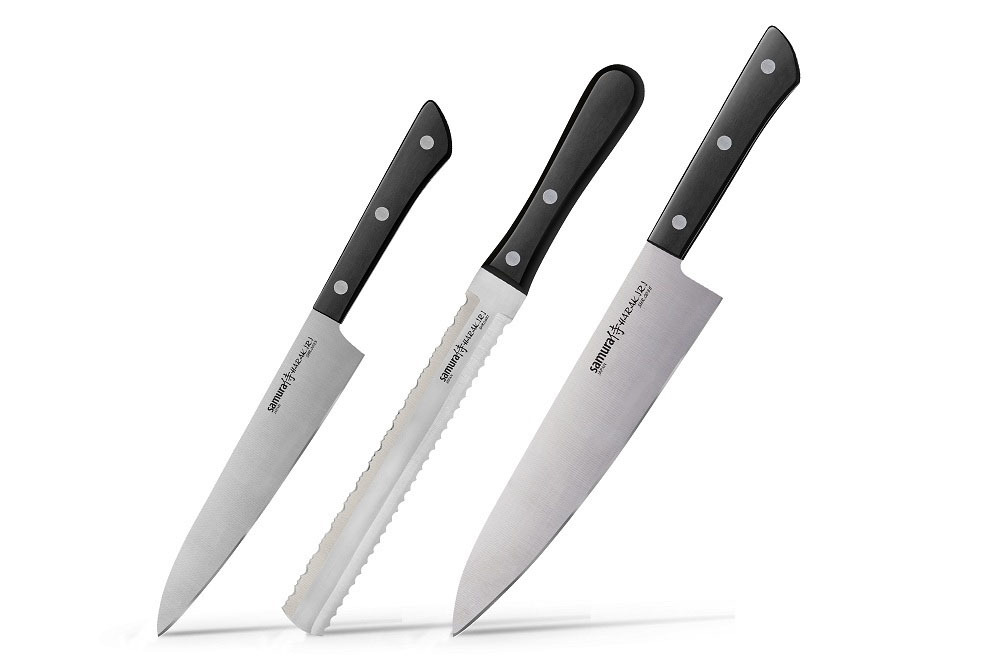фото Набор из 3-х кухонных ножей (универсальный, для замороженных продуктов, шеф) samura "harakiri" (shr-0230b) black, сталь aus-8, рукоять abs-пластик