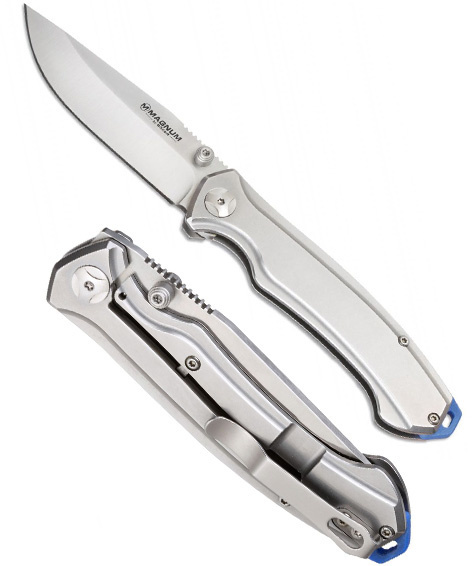Нож складной Magnum Blue Steel, сталь 440А Satin Plain, рукоять нержавеющая сталь, серый, Boker 01SC986 - фото 4