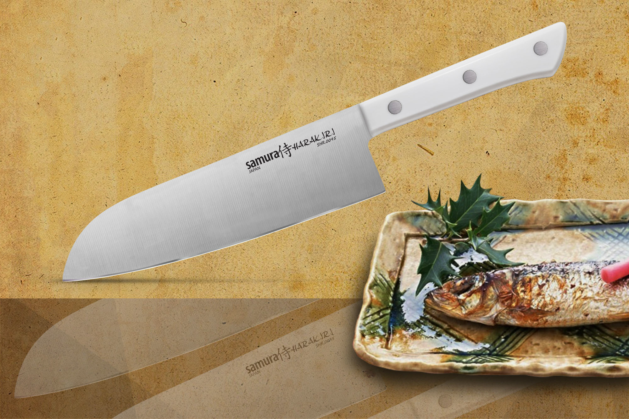 фото Нож кухонный овощной сантоку samura "harakiri" (shr-0095w) 175 мм, сталь aus-8, рукоять abs пластик, белый