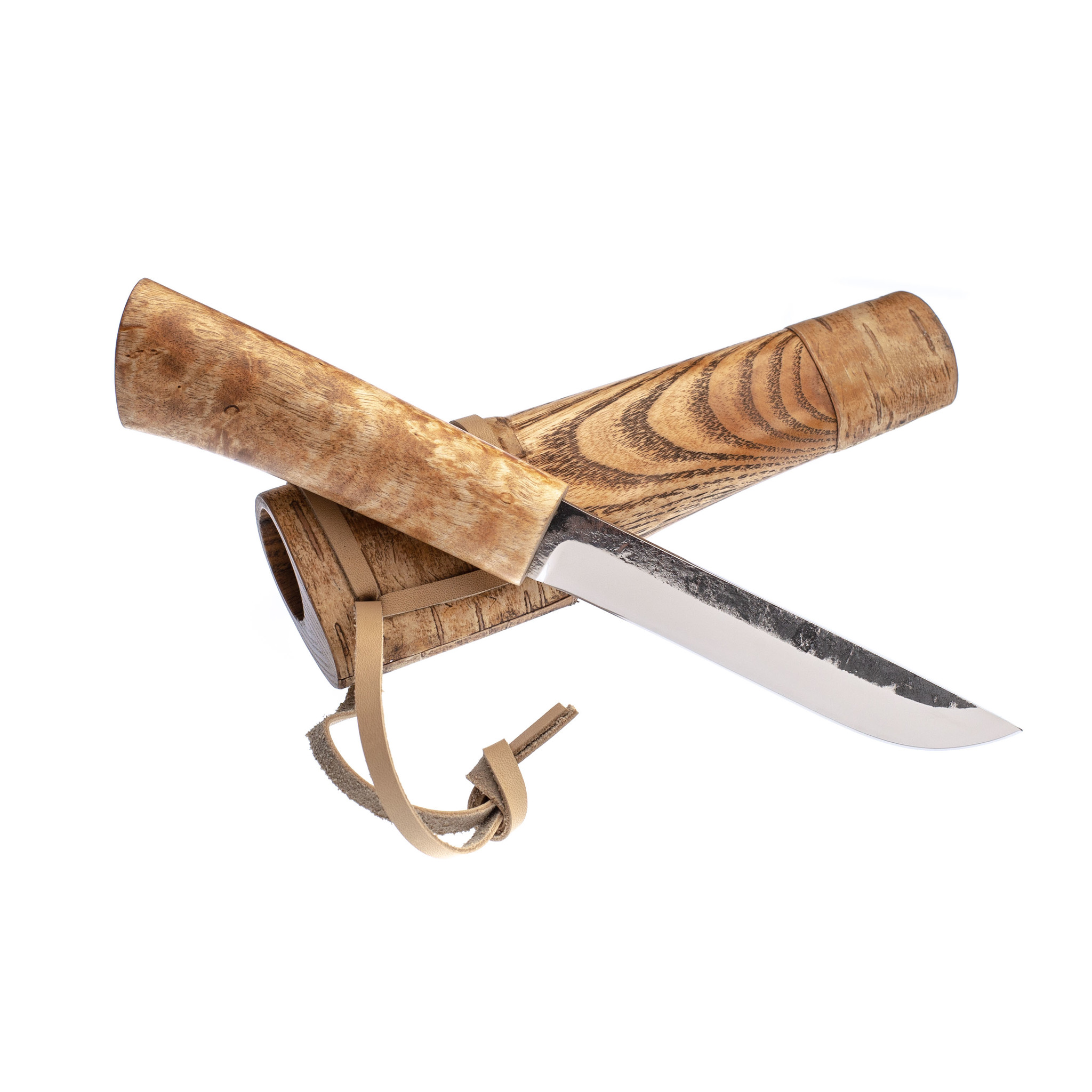 фото Нож ханты-манси в деревянных ножнах, сталь х12мф, берёзовый кап, ясень-береста стальные бивни