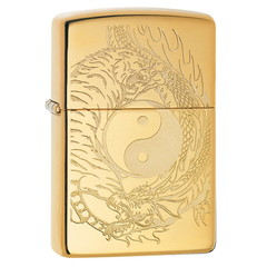 Фото Зажигалка ZIPPO Tiger and Dragon с покрытием High Polish Brass, латунь/сталь, золотистая,  36x12x56 мм