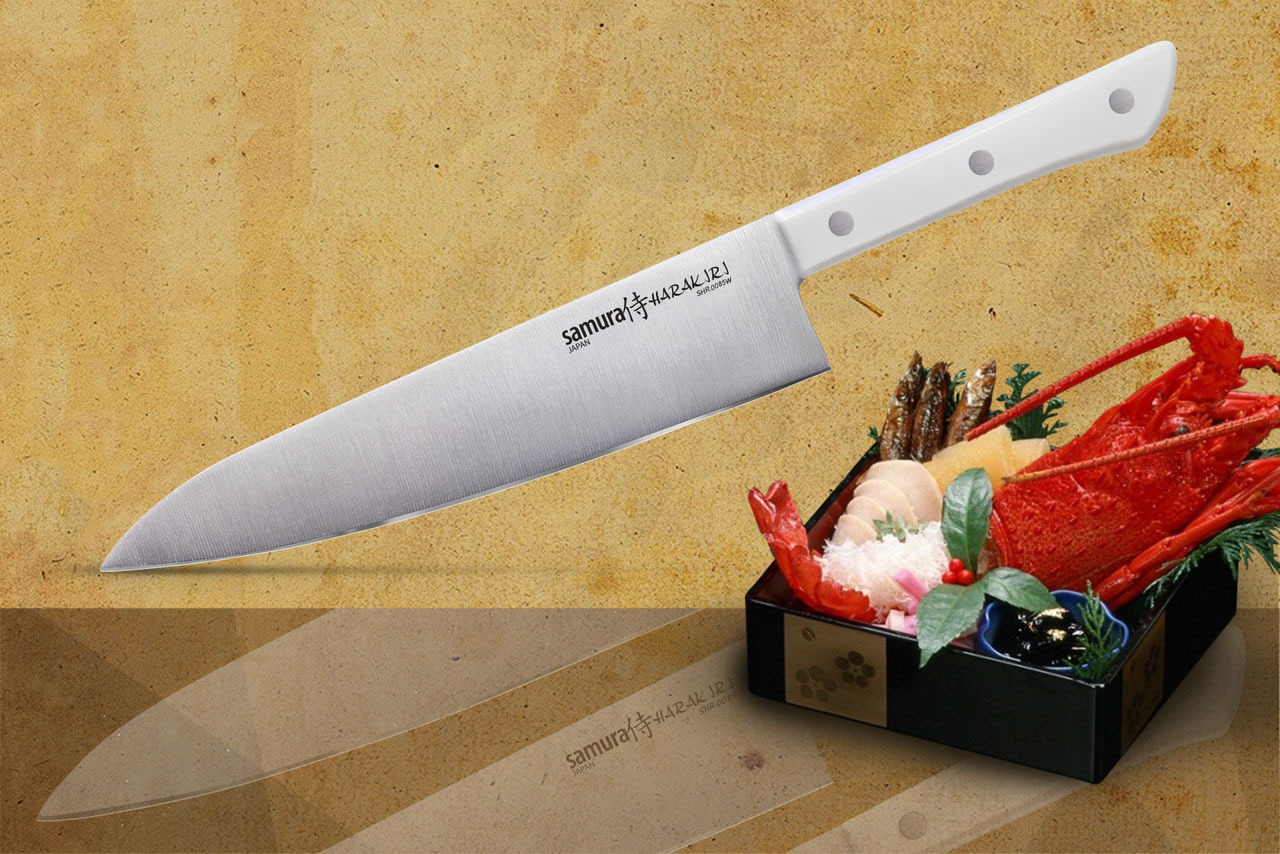 Нож кухонный Шеф Samura HARAKIRI (SHR-0085W) 208 мм, сталь AUS-8, рукоять ABS пластик, белый, Samura, Стальные ножи Samura