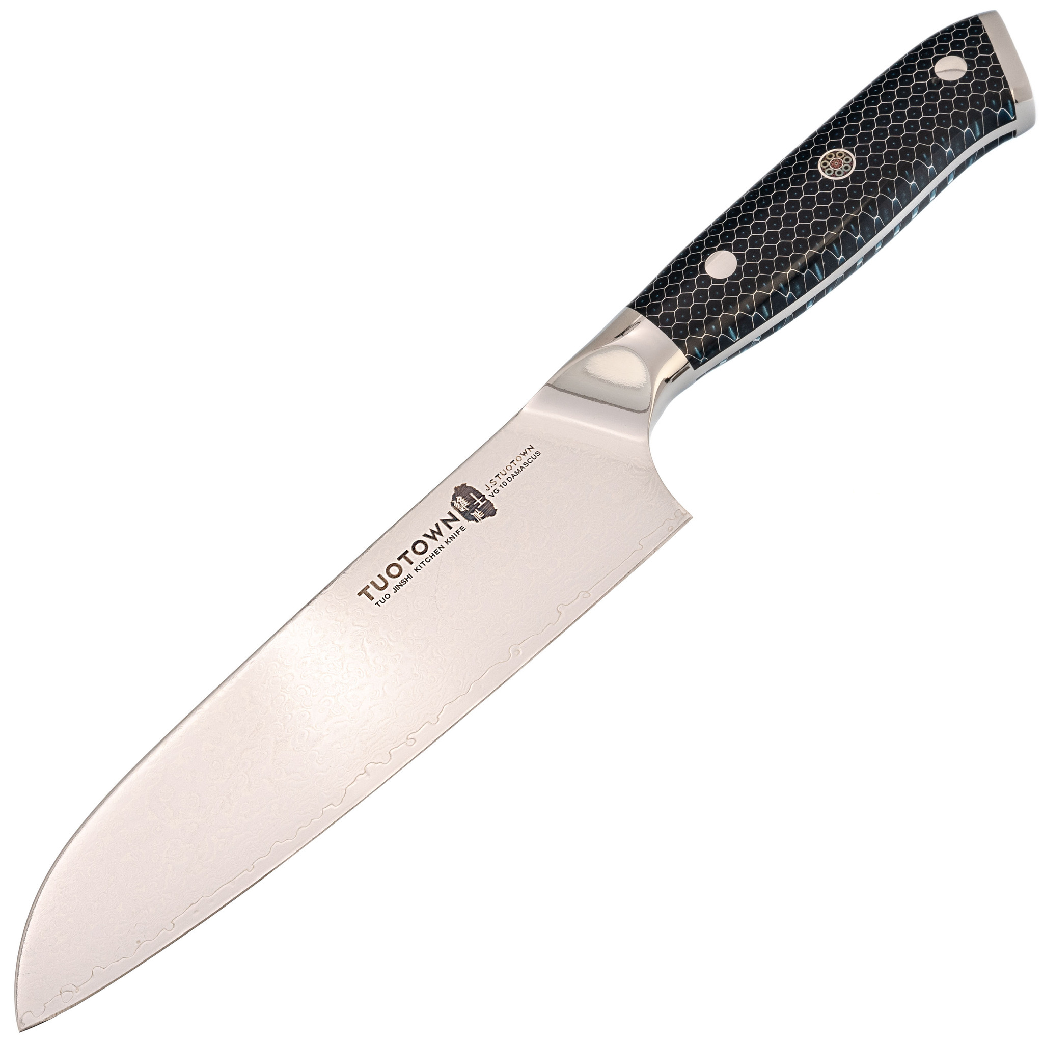 Кухонный нож Сантоку Tuotown, сталь VG10, обкладка Damascus, рукоять акрил, синий