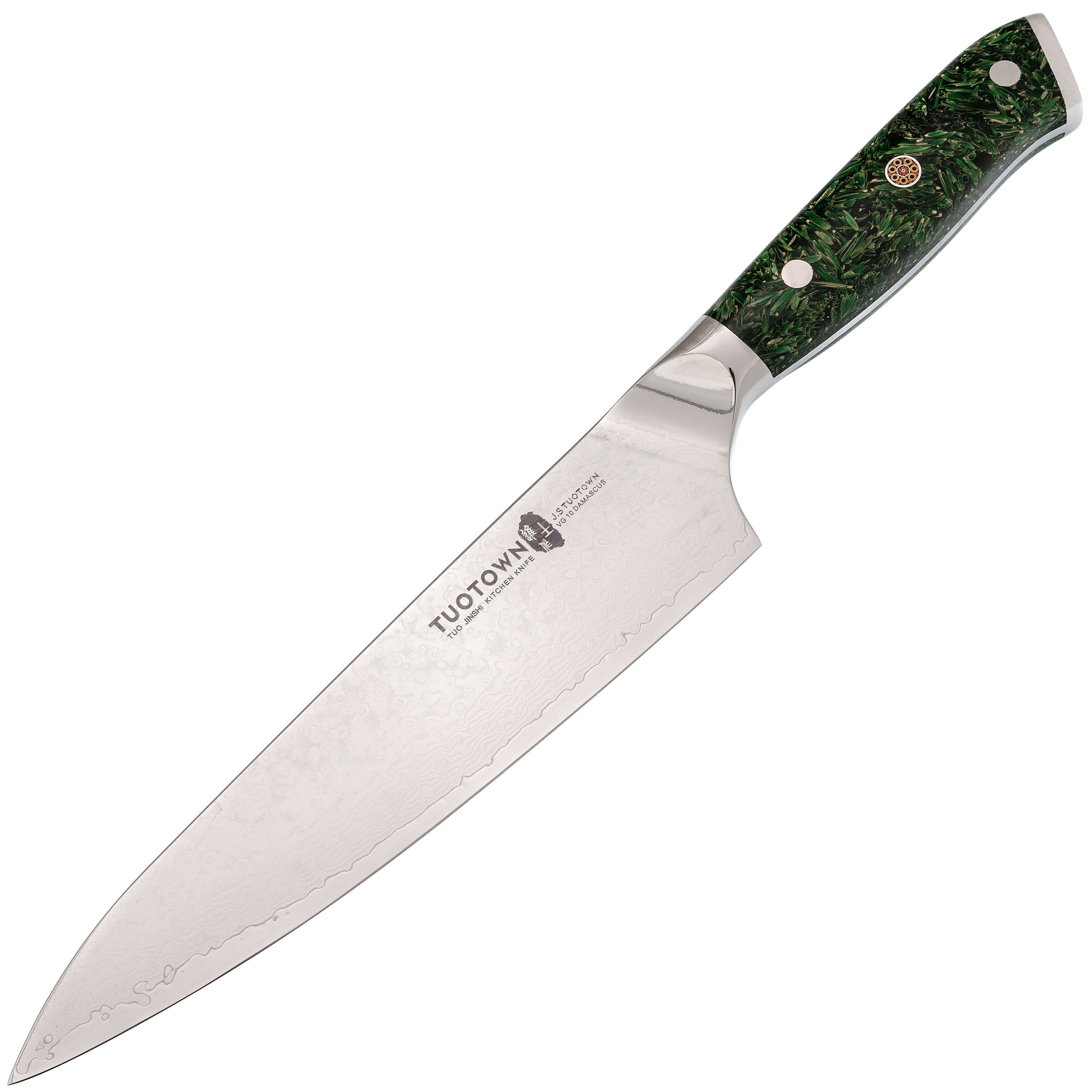 Кухонный нож Шеф Tuotown, сталь VG10, обкладка Damascus, рукоять акрил, зеленый