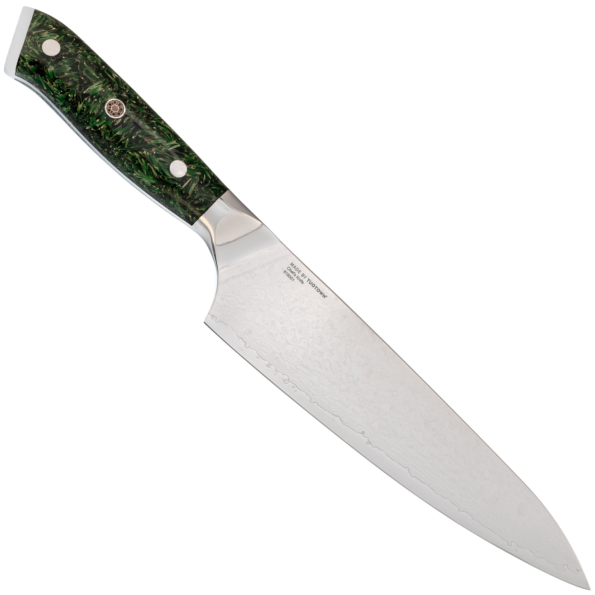 фото Кухонный нож шеф tuotown, сталь vg10, обкладка damascus, рукоять акрил, зеленый