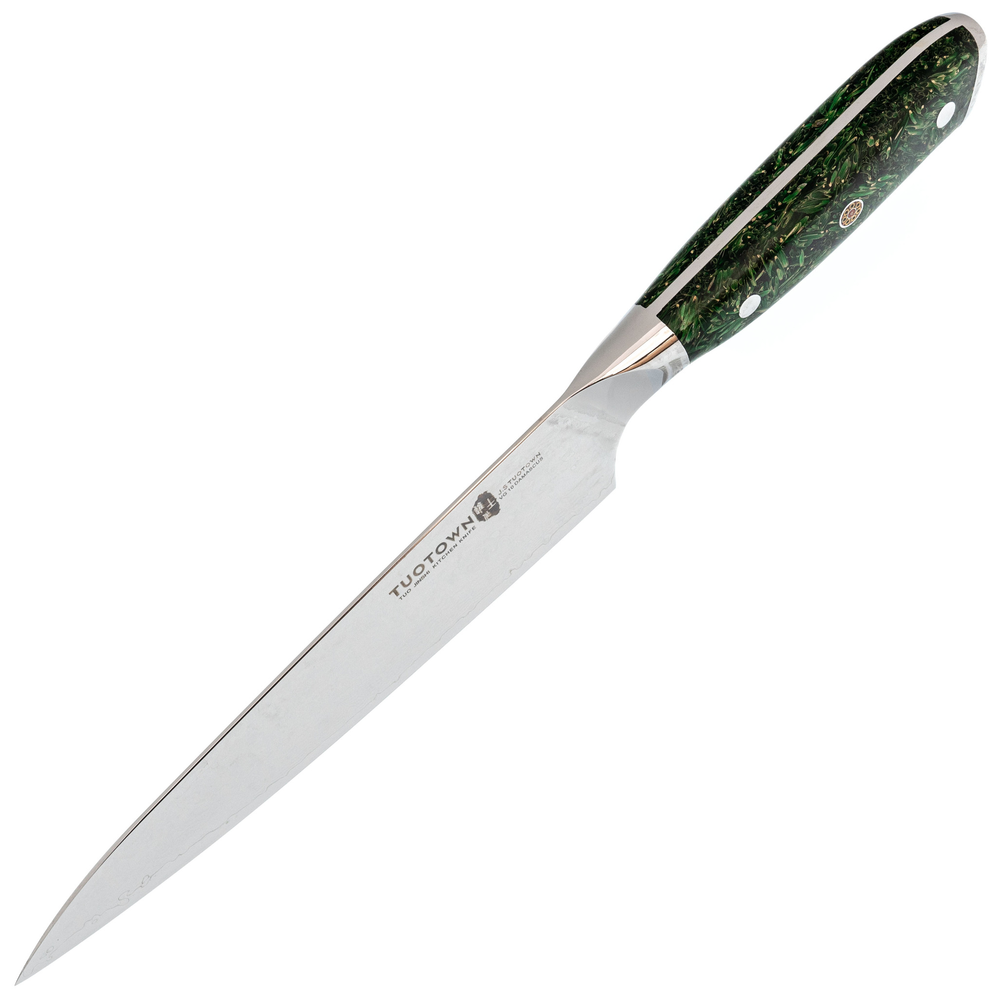 фото Кухонный нож шеф tuotown, сталь vg10, обкладка damascus, рукоять акрил, зеленый
