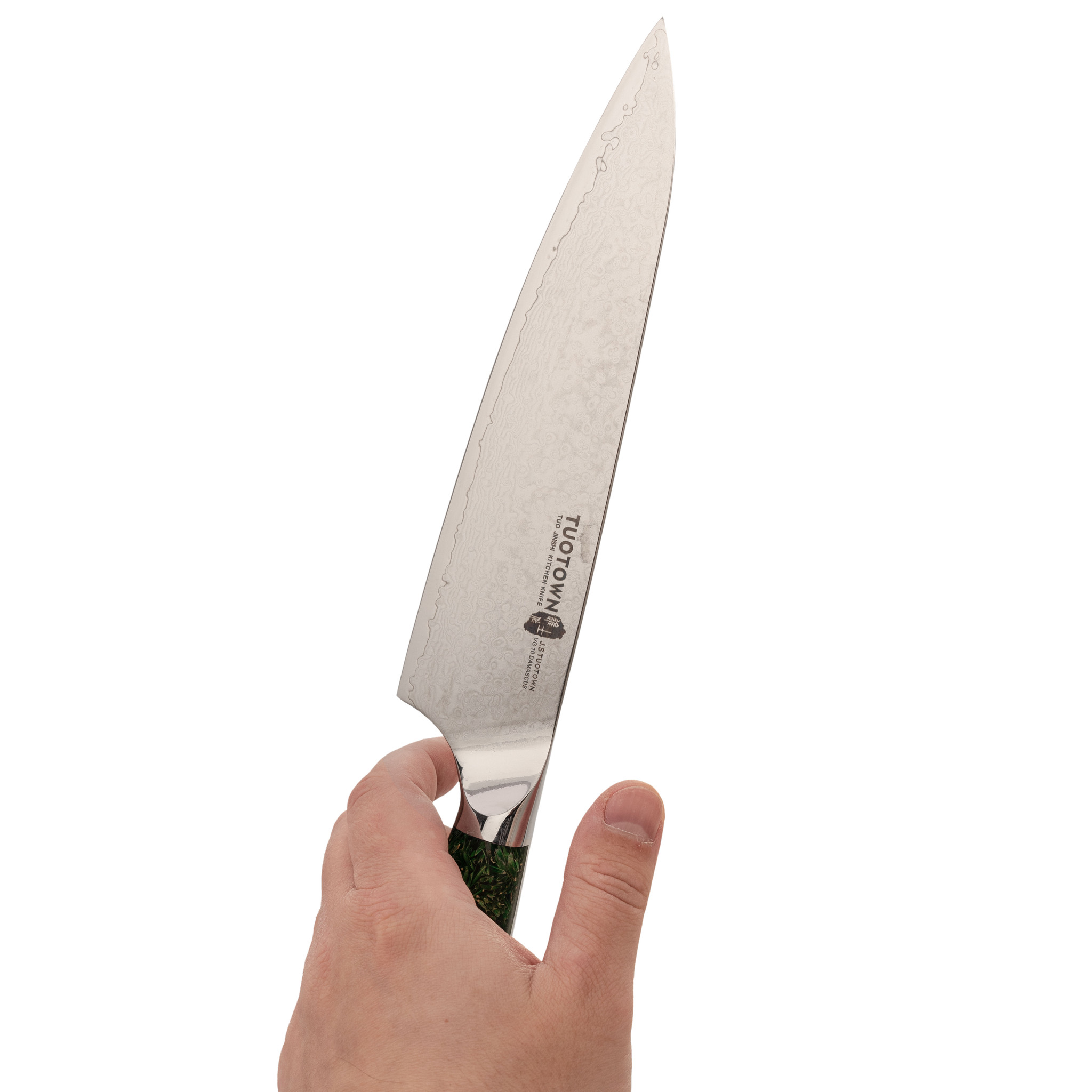Кухонный нож Шеф Tuotown, сталь VG10, обкладка Damascus, рукоять акрил, зеленый - фото 4