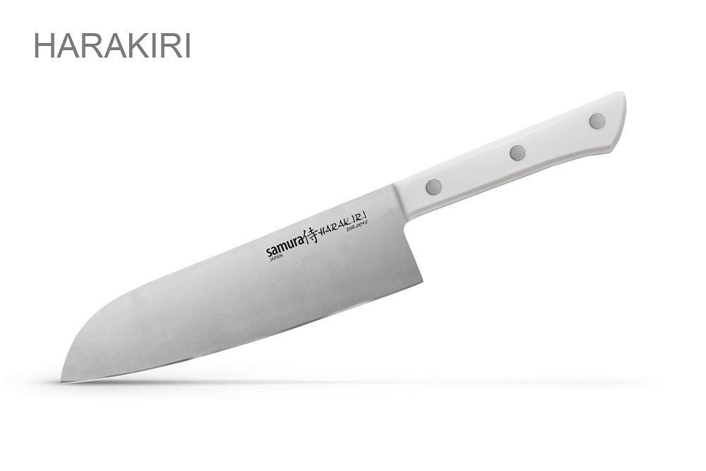 Поварской кухонный нож сантоку Samura HARAKIRI 17,5, сталь AUS-8, рукоять ABS пластик, белый нож кухонный универсальный samura harakiri shr 0023w 150 мм сталь aus 8 рукоять abs пластик белый