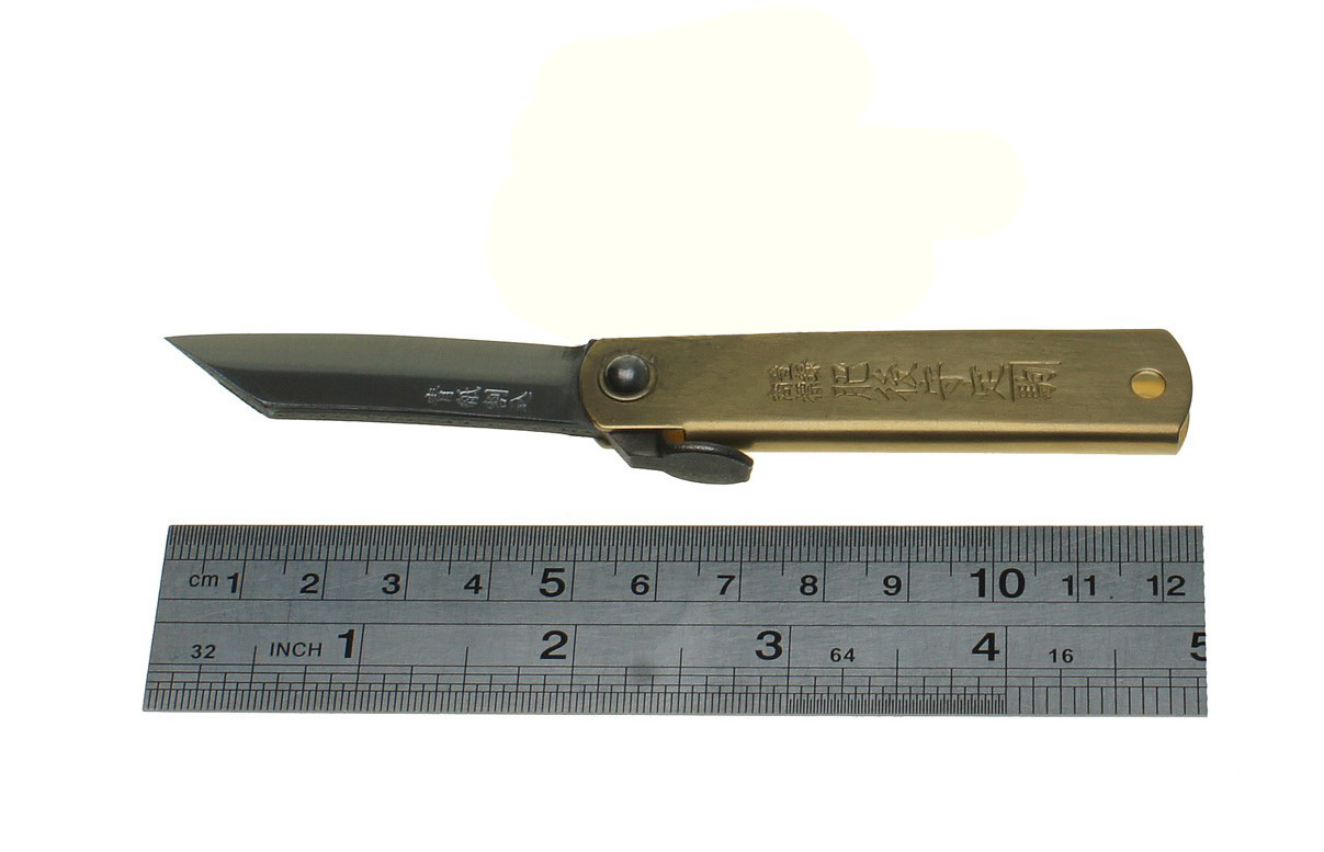 Нож складной Nagao Higonokami, HKA-50BW,  сталь Aogami, жёлтый, в кожаном чехле - фото 2