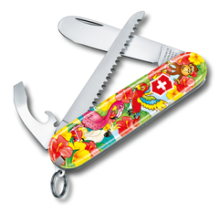 Фото Складной нож детский My First Victorinox Parrot Edition 9 функций, шнурок на шею, книга-раскраска