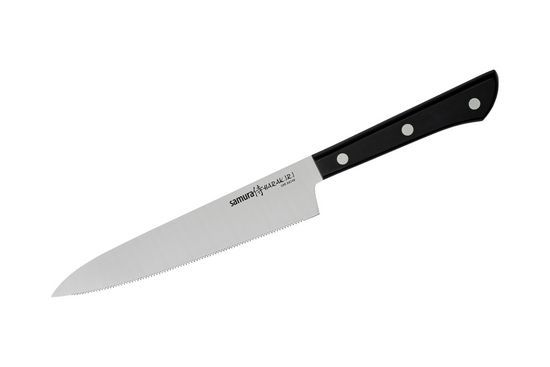 Нож кухонный универсальный Samura HARAKIRI 150 мм, сталь AUS-8 с серрейтором , рукоять ABS, черная рукоять - фото 1