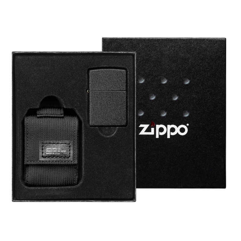Набор ZIPPO: чёрная зажигалка Black Crackle и чёрный нейлоновый чехол, в подарочной коробке