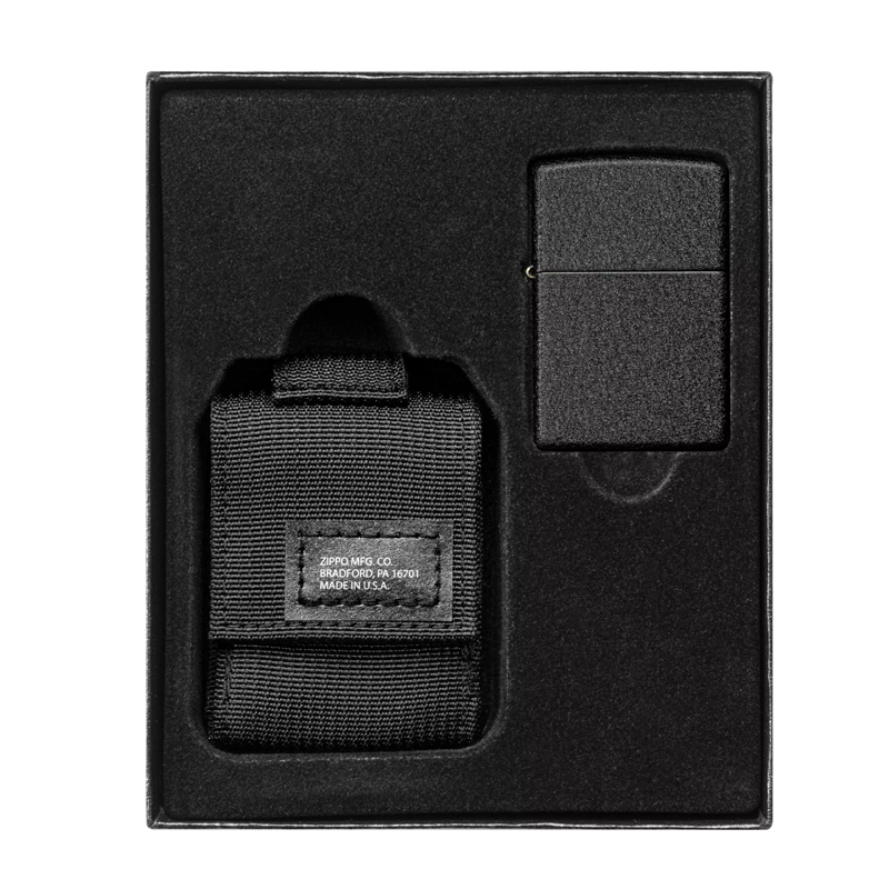 фото Набор zippo: чёрная зажигалка black crackle и чёрный нейлоновый чехол, в подарочной коробке