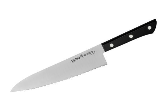 Нож кухонный Шеф Samura HARAKIRI 208 мм, сталь AUS-8 с серрейтором , рукоять ABS, черная рукоять нож кухонный samura harakiri гранд шеф 240 мм коррозие стойкая сталь abs пластик