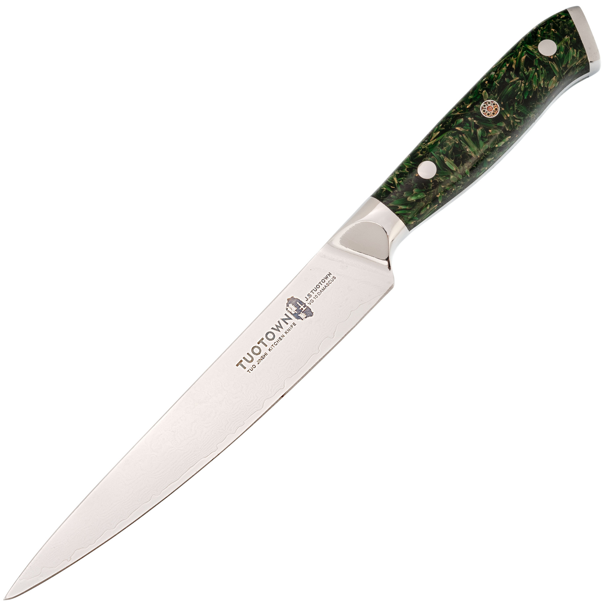 Кухонный нож Tuotown, сталь VG10, обкладка Damascus, рукоять акрил, зеленый, Кухонные ножи, Универсальные