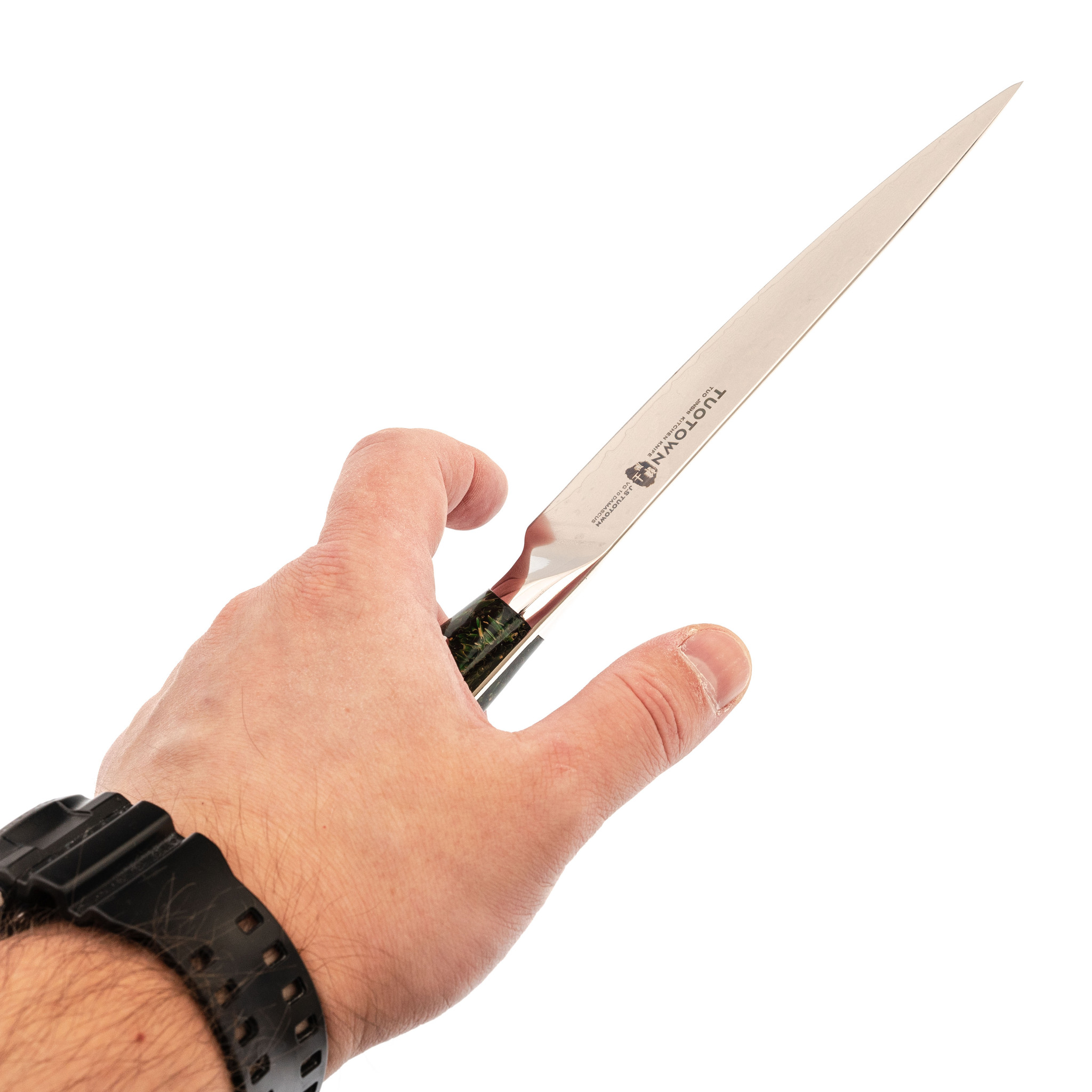 фото Кухонный нож tuotown, сталь vg10, обкладка damascus, рукоять акрил, зеленый